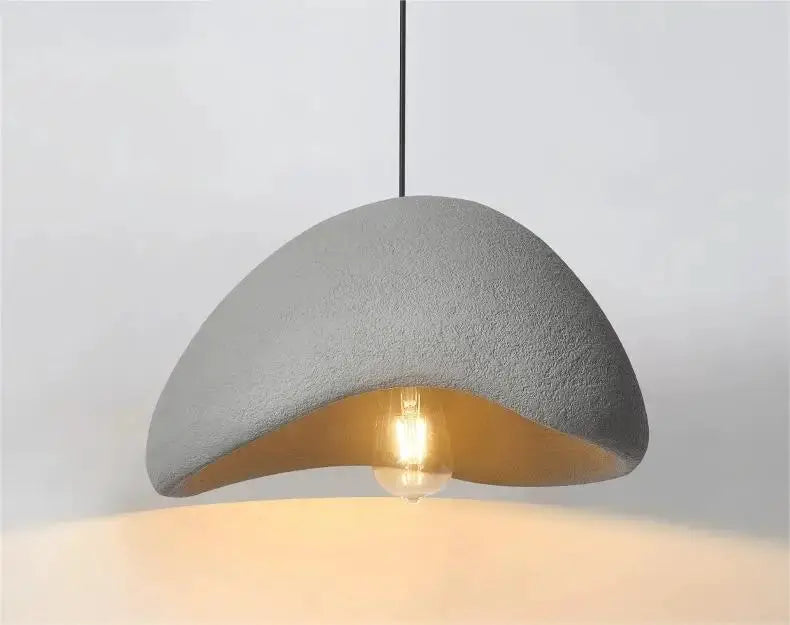 Nordic Wabi Sabi pendant light by Simples Market; textured gray dome with warm wood interior, LED chandelier