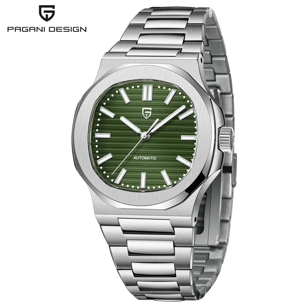 Pagani Design 40mm men's automatic stainless steel wristwatch with green dial and sapphire crystal.