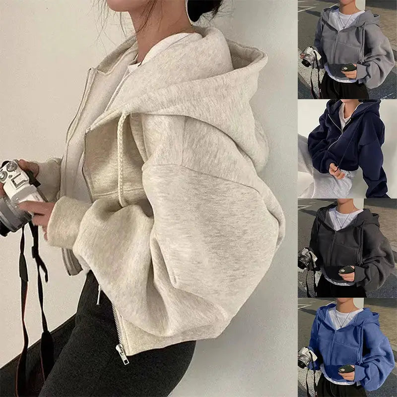 NovaLine Cropped Fleece-Lined Zip Hoodie For Women Warm Versatile Hooded Sweatshirt With Smooth Silhouette
