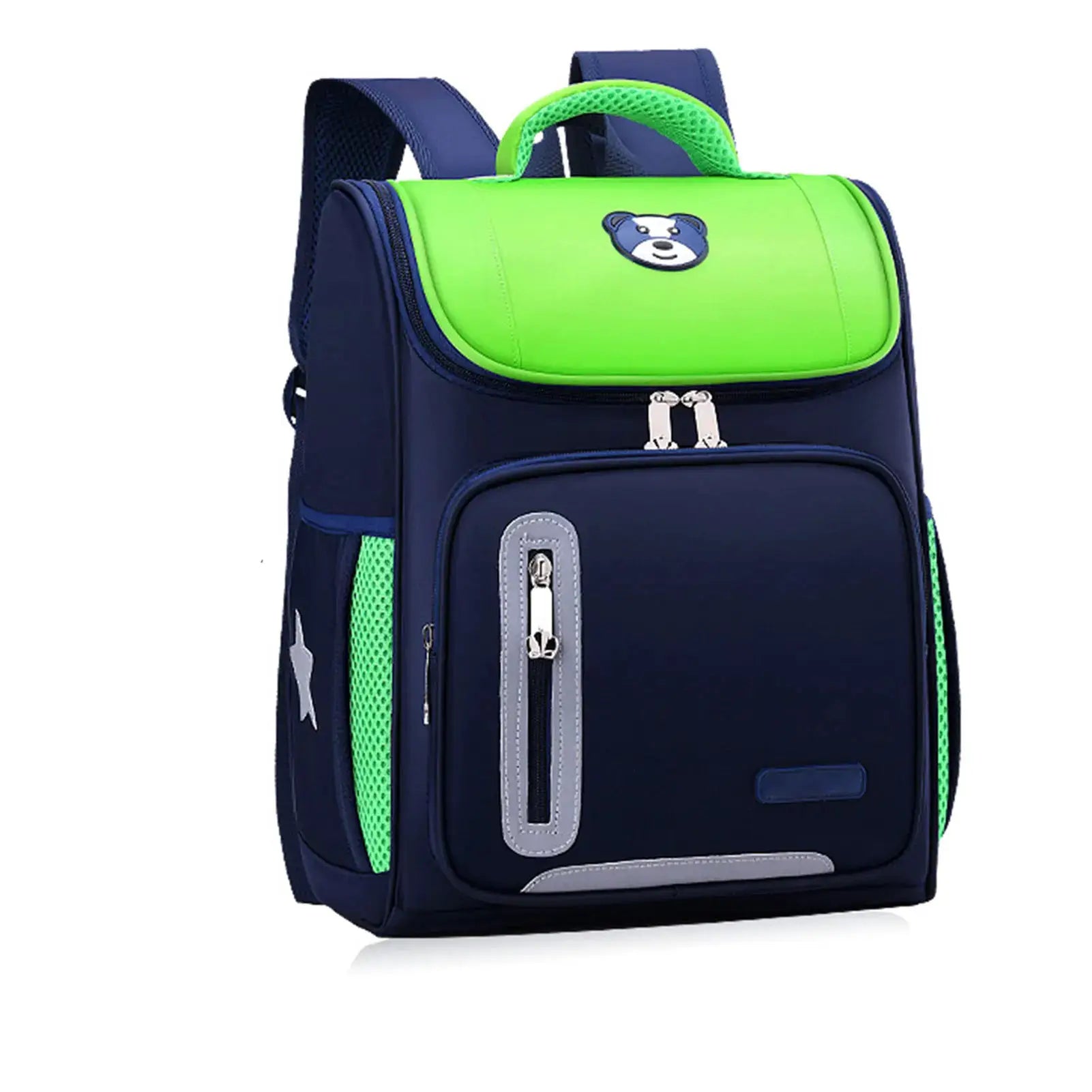 Kids school backpack Simples Market; navy blue with lime green top, bear logo