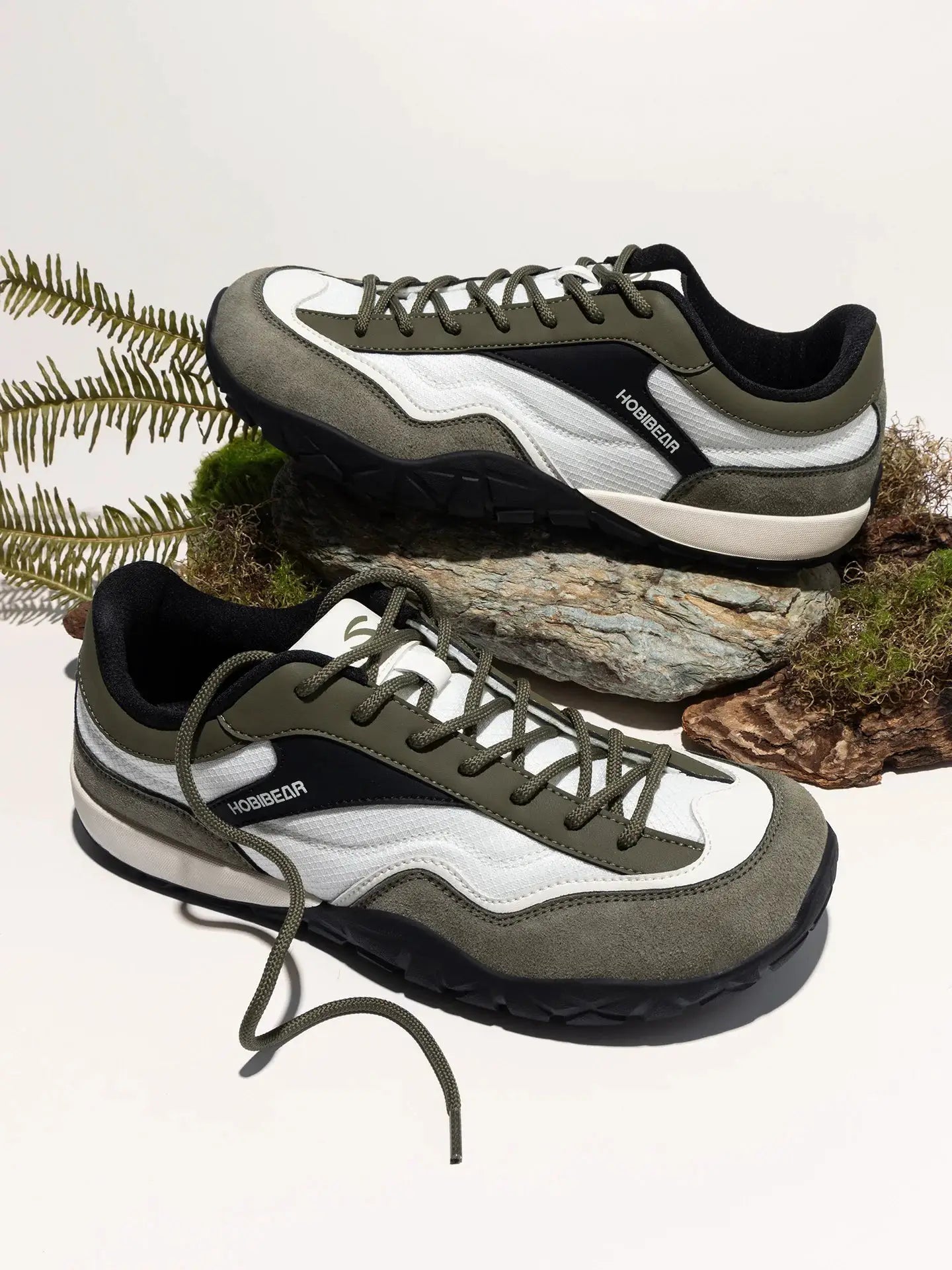 HOBIBEAR wide-width hiking shoes, unisex trekking sneakers in olive green, gray and white with non-slip outsole; pair