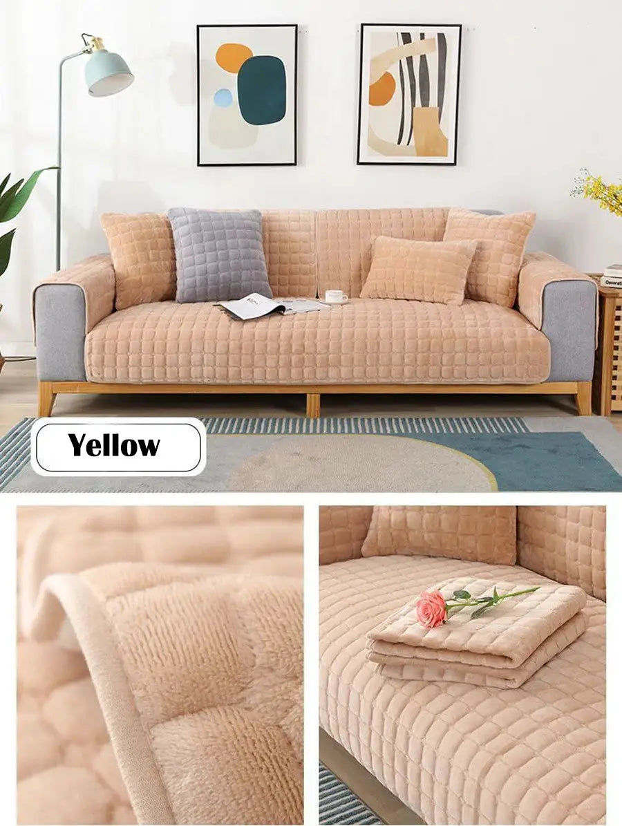Velvet sofa cover in yellow, plush quilted texture, non-slip thickened warm flannel