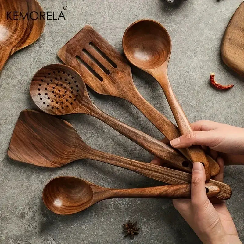 5Pcs Thailand Teak Kitchen Utensils Set Natural Wooden Tableware Ladle Turner Rice Colander Soup Skimmer Scoop