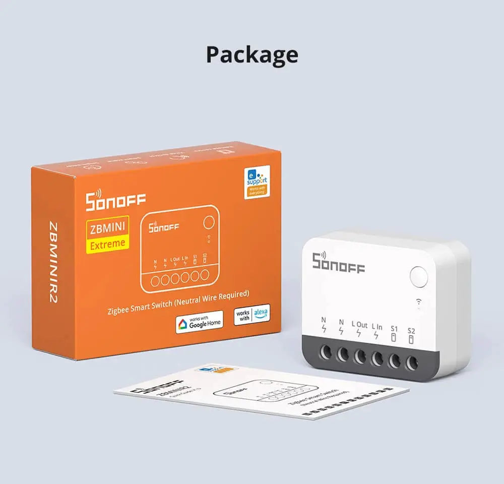 SONOFF ZBMINIR2 Extreme Zigbee Smart Switch module; white controller beside orange packaging box