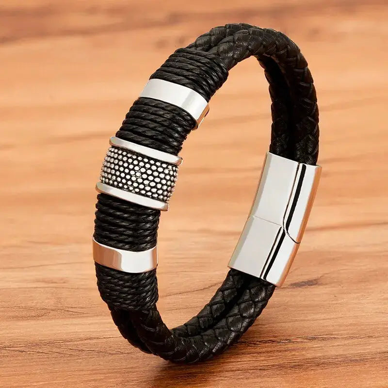 Vintage Woven Leather Rope Wrap Bracelets for Men with Stainless Steel Accents Punk Wristband Jewelry Gift
