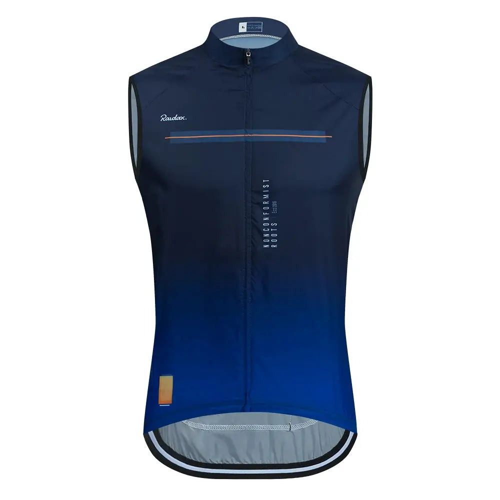 Raudax men's sleeveless cycling vest in navy gradient with front zipper and orange chest stripe