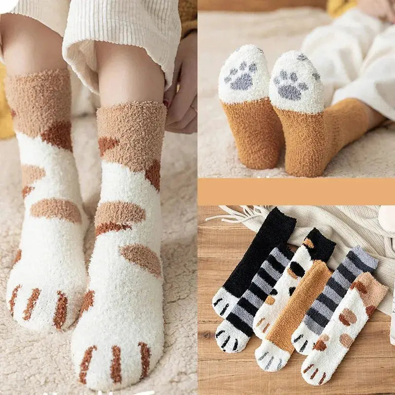 Kawaii Cartoon White Socks For Women Cute 3D Dog Paw Pattern Fleece Warm Home Floor Sleeping