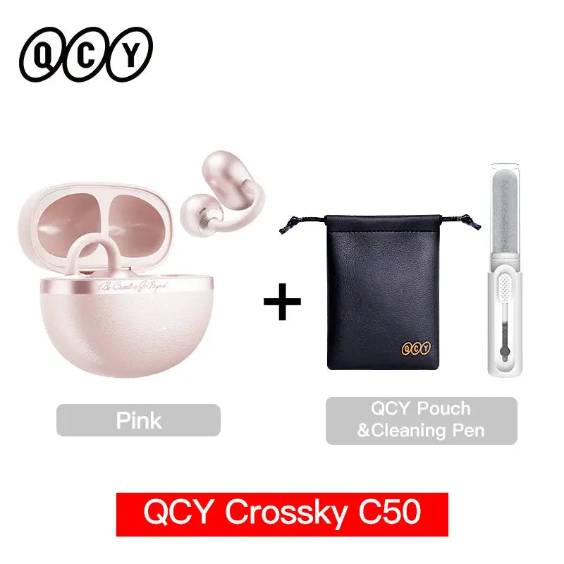 QCY Crossky C50 open-ear wireless earbuds pink with charging case, plus black pouch and cleaning pen