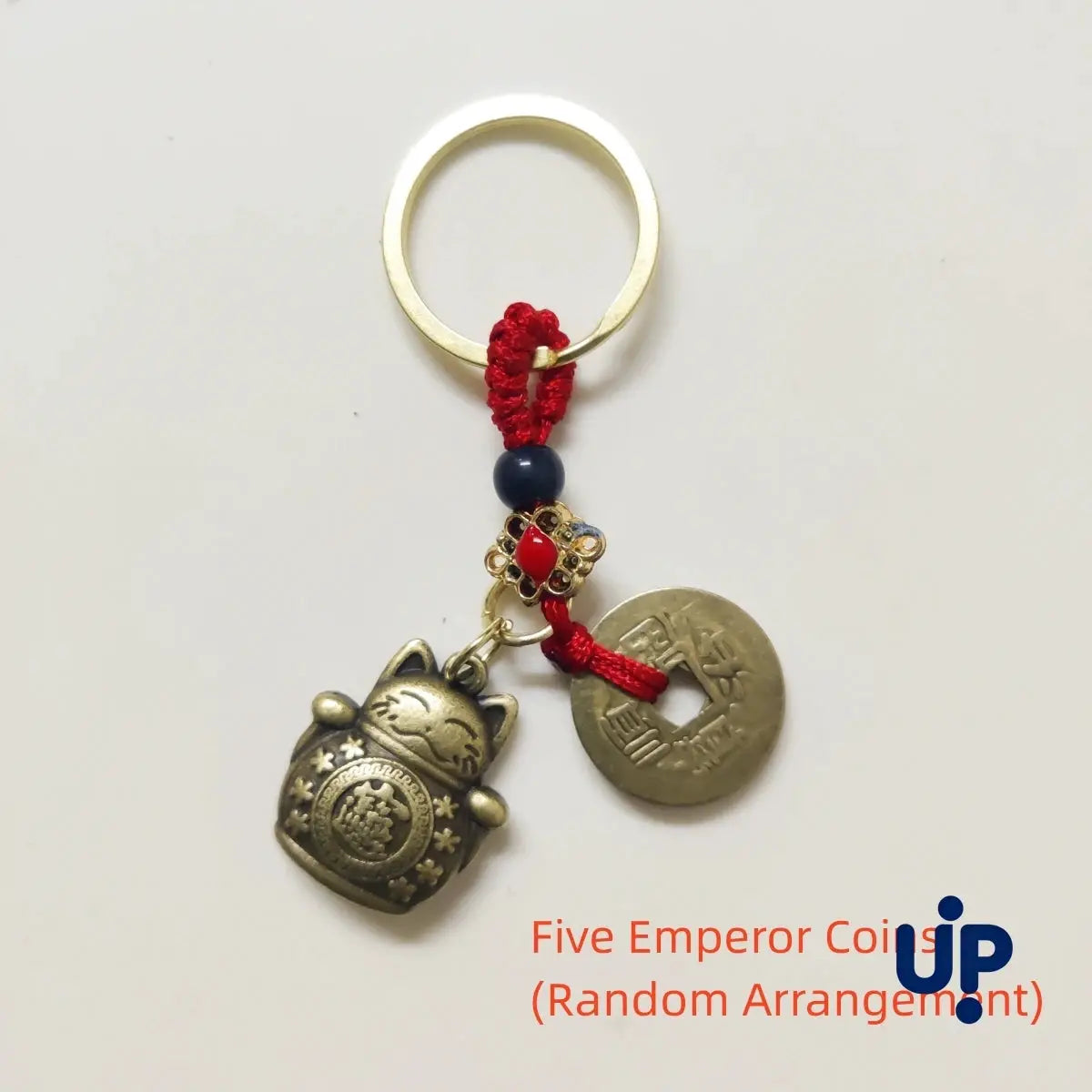 Vintage Pure Handmade Car Keychain Lucky Cat With Five Emperors Coins Maneki Neko Alloy Gold Tone Key Ring
