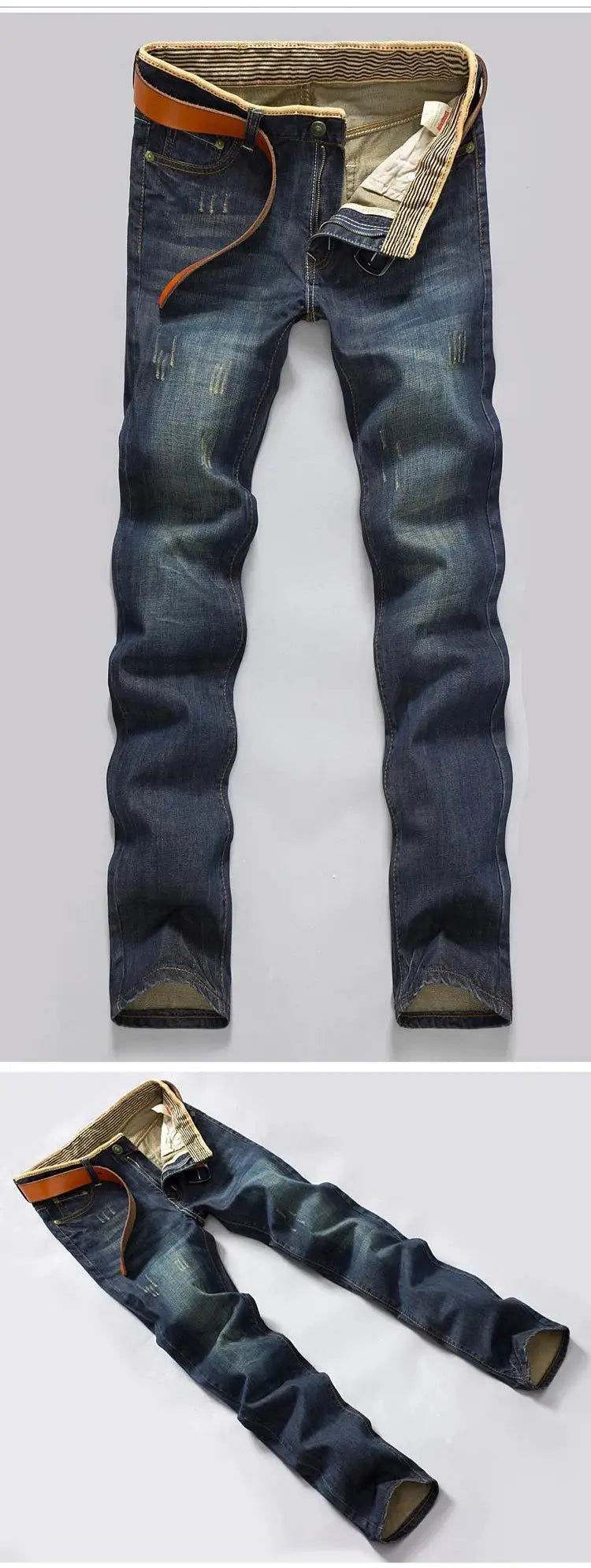 Men's casual denim jeans by Simples Market, 2025 straight-fit distressed blue with belt