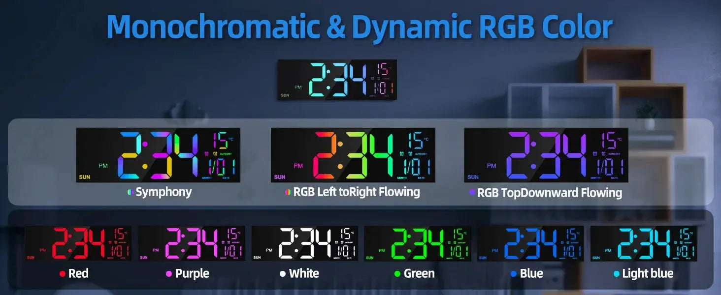 16.2-inch digital wall clock by Simples Market with remote, large LED display, dual alarm, 8 RGB colors
