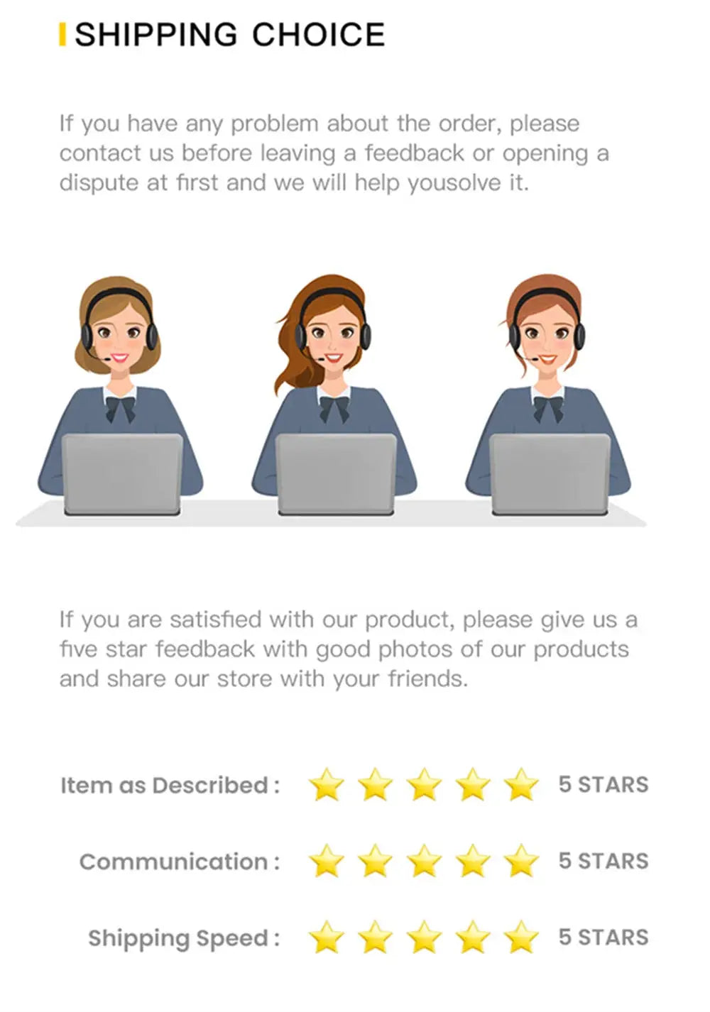 Simples Market shipping policy illustration showing three support agents at laptops with five-star ratings.