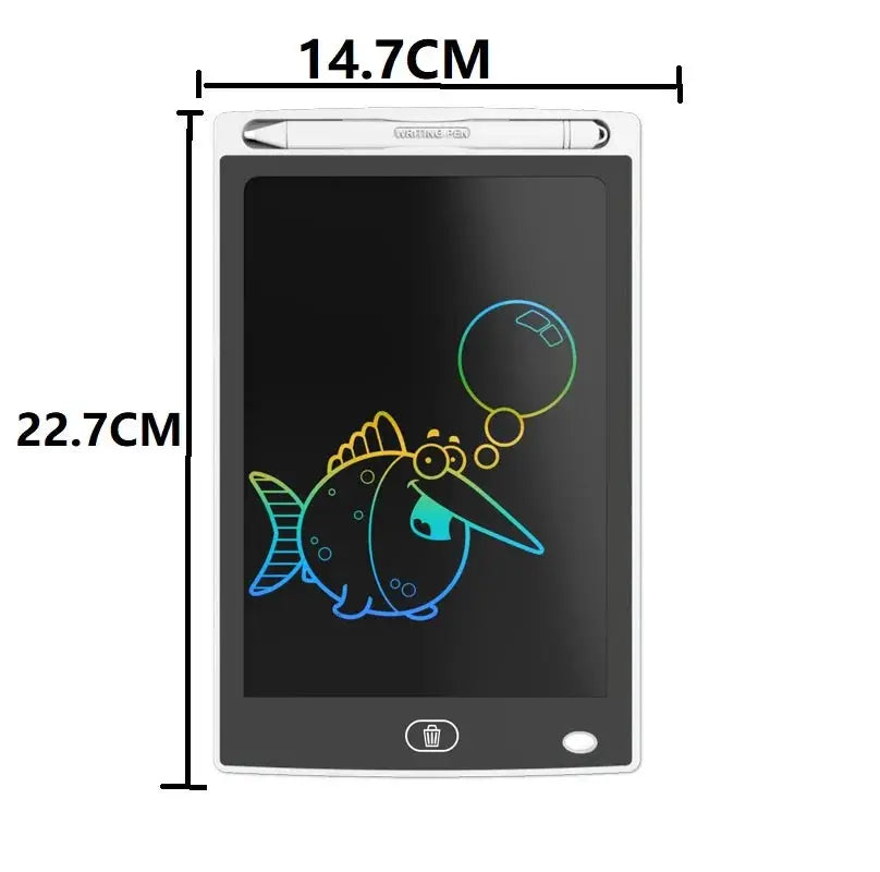 Simples Market LCD writing tablet 14.7×22.7 cm with stylus; colorful fish drawing on screen