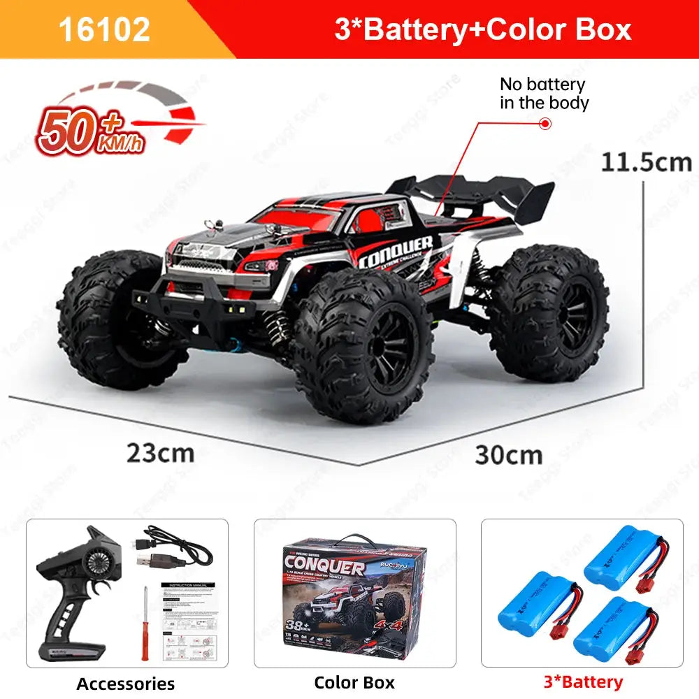 Teeggi 16101/16102 PRO 1:16 RC monster truck with red-black finish and LED lights, 4WD; includes 3 batteries.