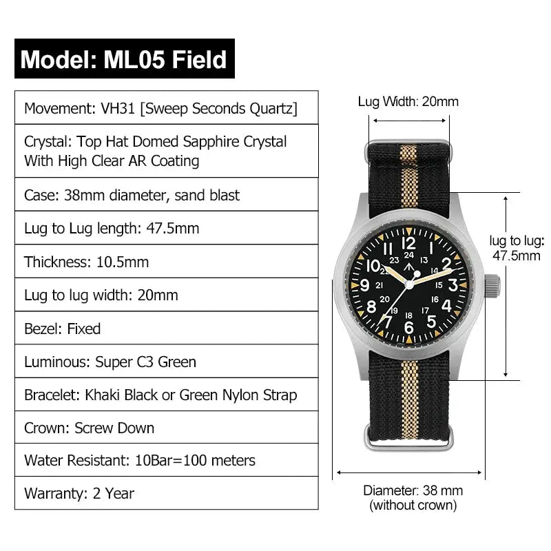 Militado ML05 Field watch by Simples Market, black dial, domed sapphire crystal, luminous hands, 38mm case, khaki-black nylon strap.