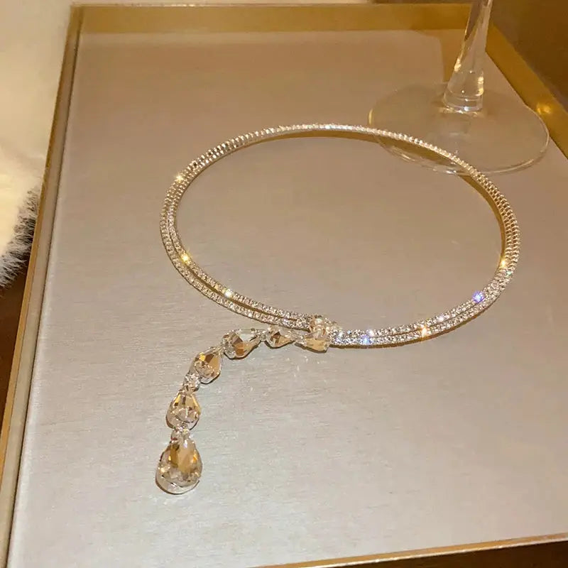 Zircon Double Layered Water Drop Heart Necklace Imitation Pearls Cross Wave Silver Tone Collarbone Pendant For Women