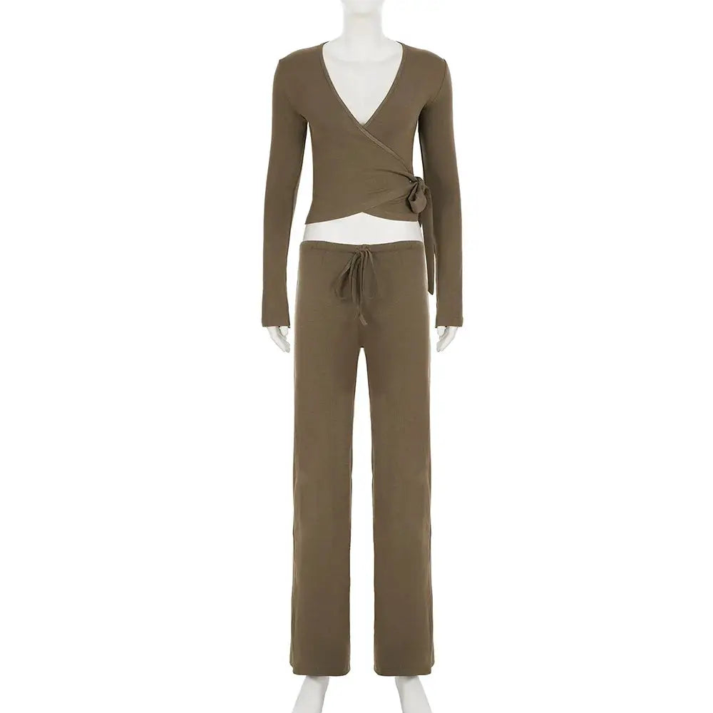 Absobe 2 Piece Leisure Suit Women Flare Sleeve Crop Cardigan Pants