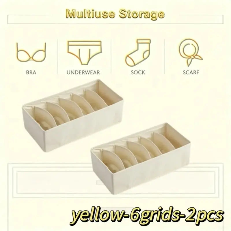 Two beige drawer storage boxes with six compartments for underwear and socks