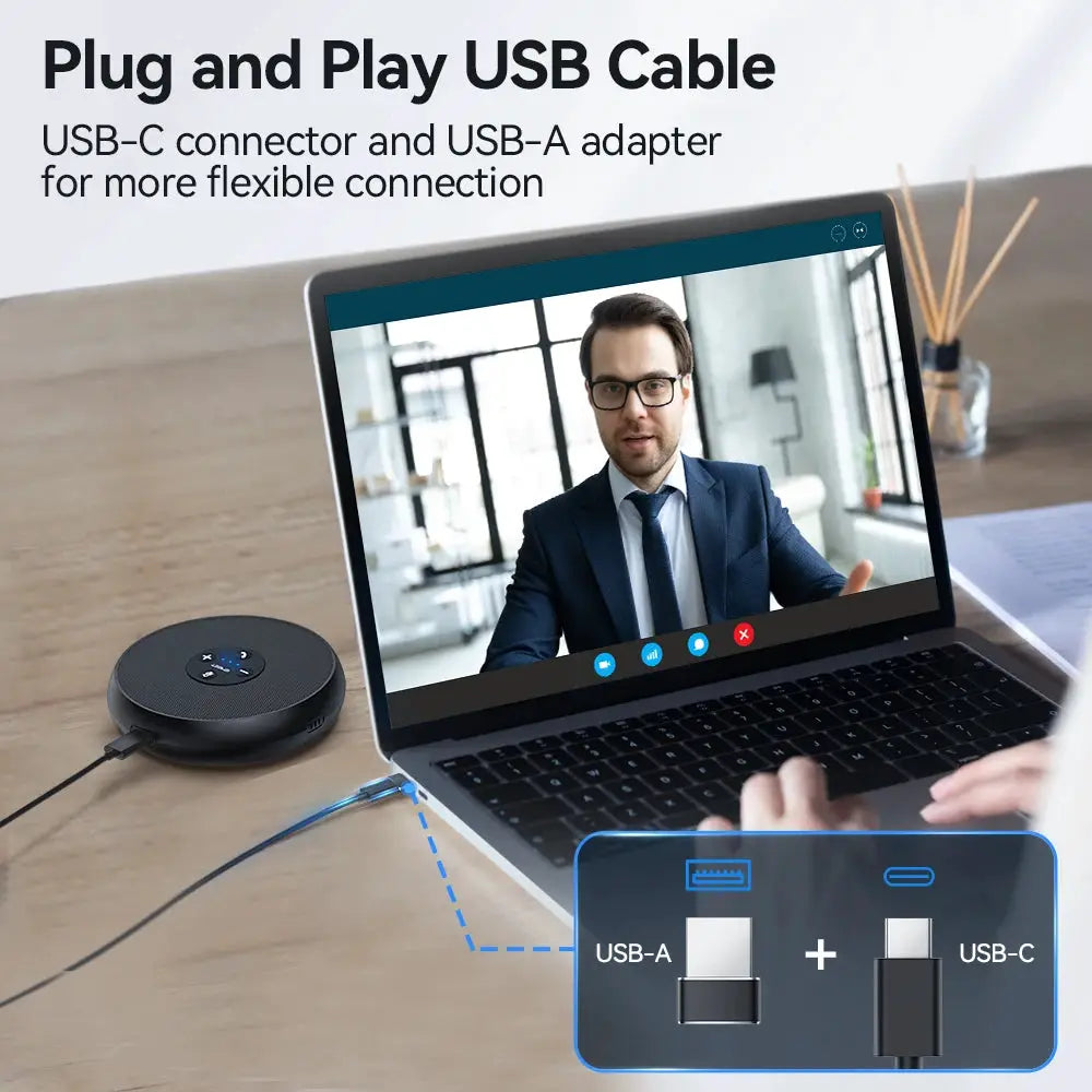 EMEET USB wired conference speakerphone with 2 mics in black, beside a laptop for Zoom/WebEx/Teams