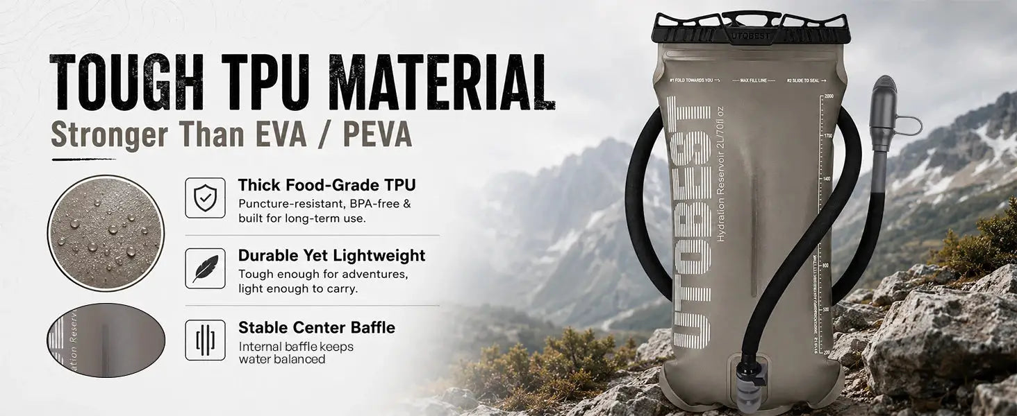 UTOBEST TPU water bladder with 1.5L/2L/3L capacity, rugged gray hydration reservoir for camping, cycling, running