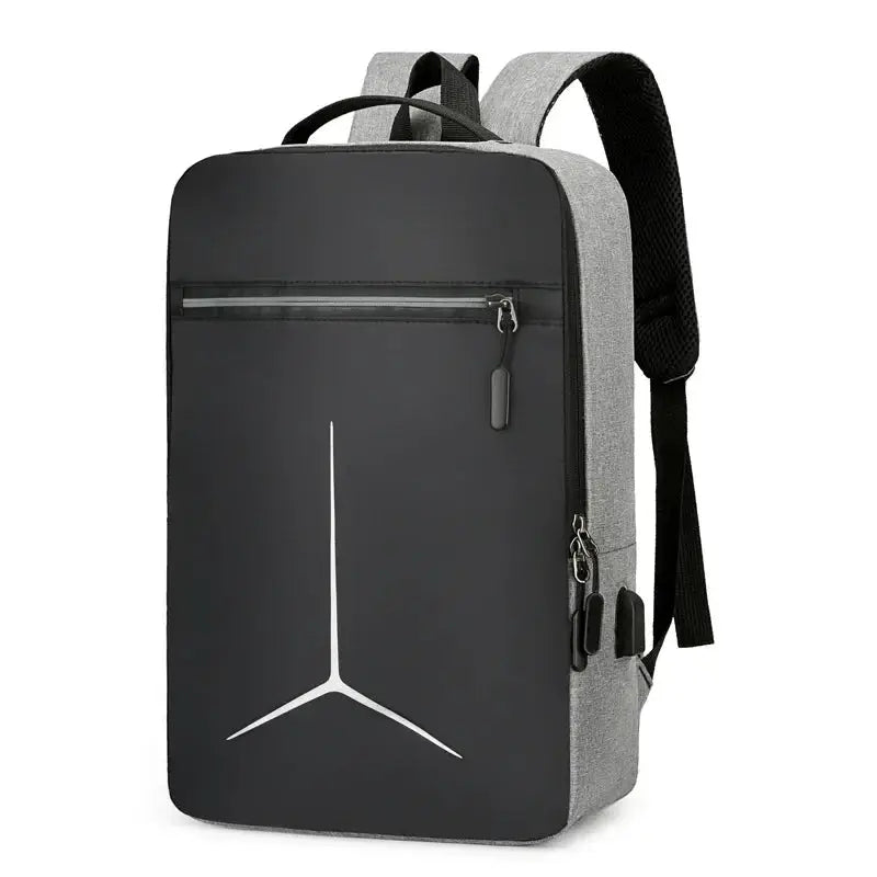 Backpack with gray and black shell, front zip pocket, padded shoulder straps