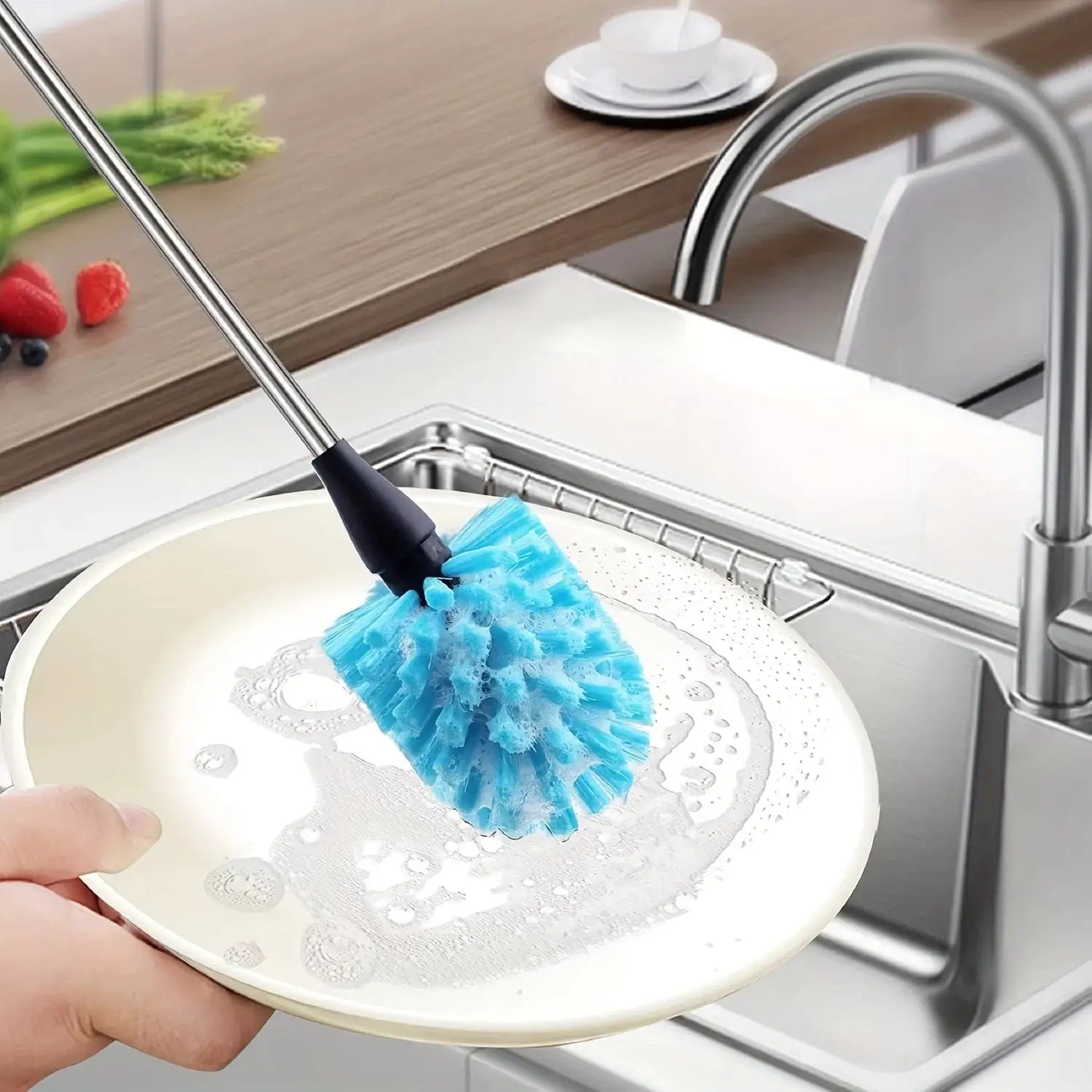 3-in-1 stainless steel water bottle brush set with long handle and blue bristles