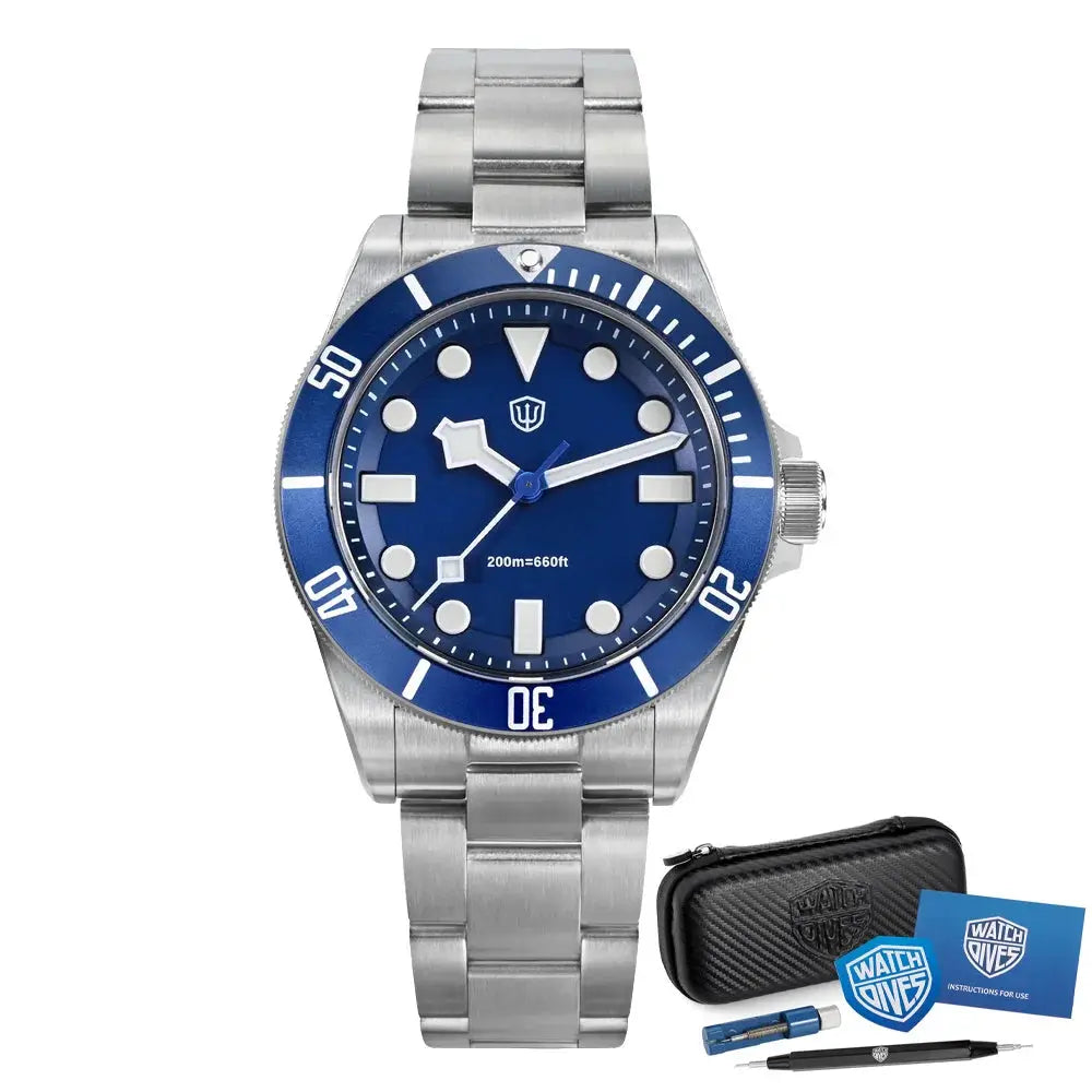 Watchdives WD1969 Pro blue 38mm diver watch with stainless steel bracelet and blue bezel, kit with pouch and tools