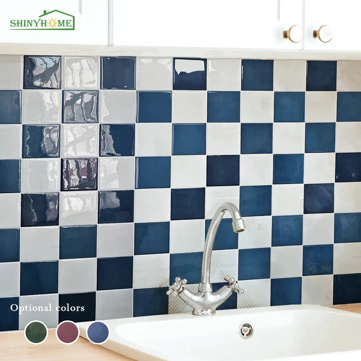 Self-adhesive mosaic wall tile pack featuring blue and white checker backsplash, 10.5-inch squares, 10/30 pcs.