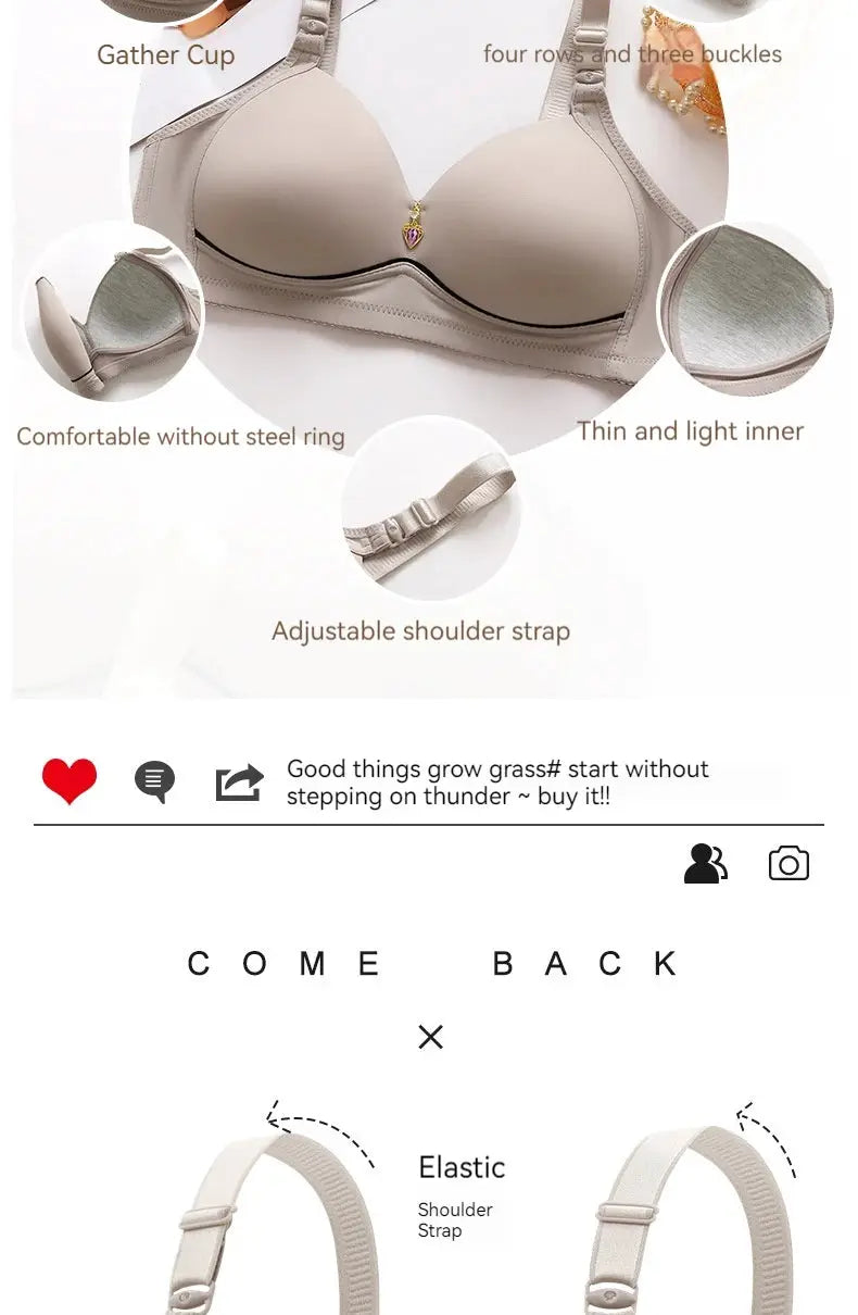 Beige non-magnetic thin-cup bra, large size, no underwire, breathable gathered design, adjustable straps