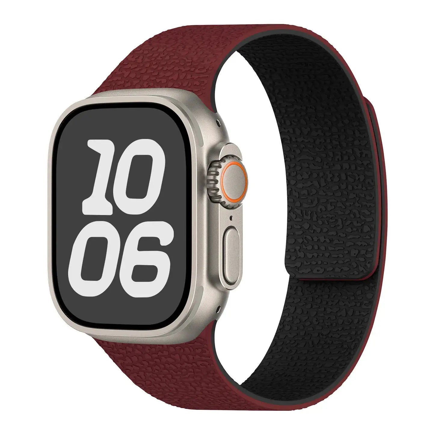 Silicone magnetic strap for Apple Watch by Simples Market, burgundy two-tone band with textured surface, fits 40–49mm.