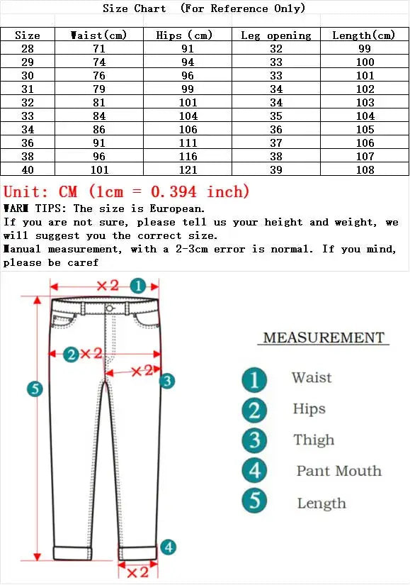 Winter warm jeans size chart with waist, hips, thigh, leg opening and length measurements and jeans illustration