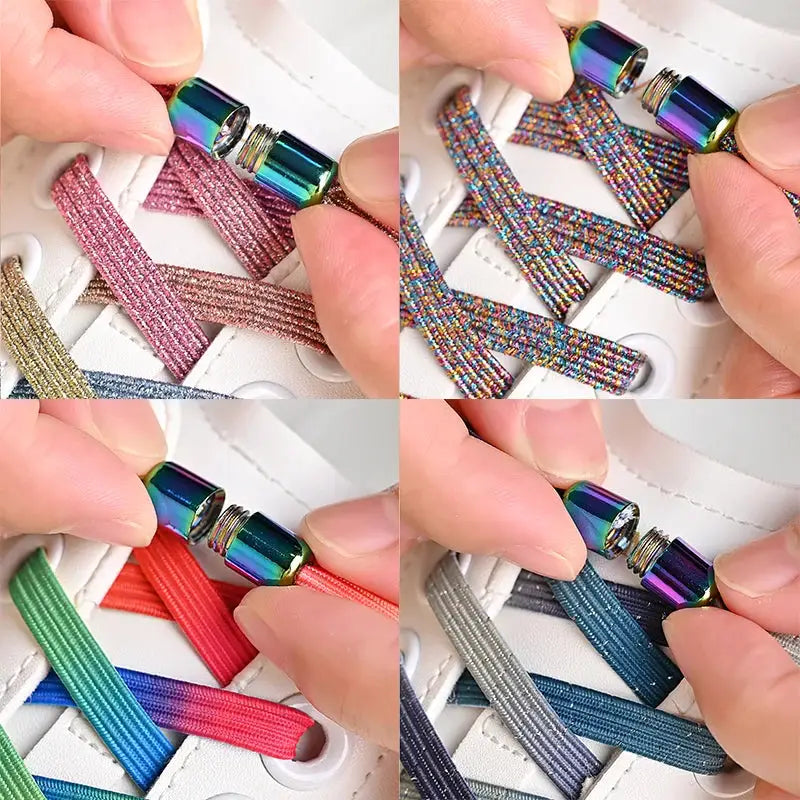 Simples Market no-tie elastic shoelaces with colorful buckle, assorted pastel and rainbow colors, 4 pairs