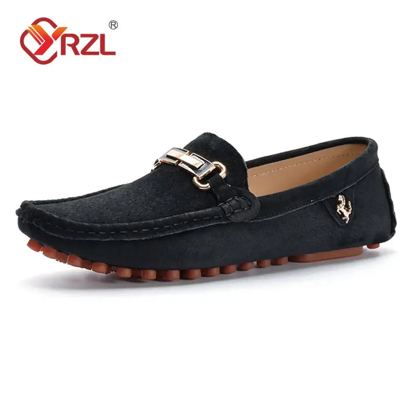 YRZL men's black suede loafers with gold buckle, driving moccasin style and brown rubber outsole