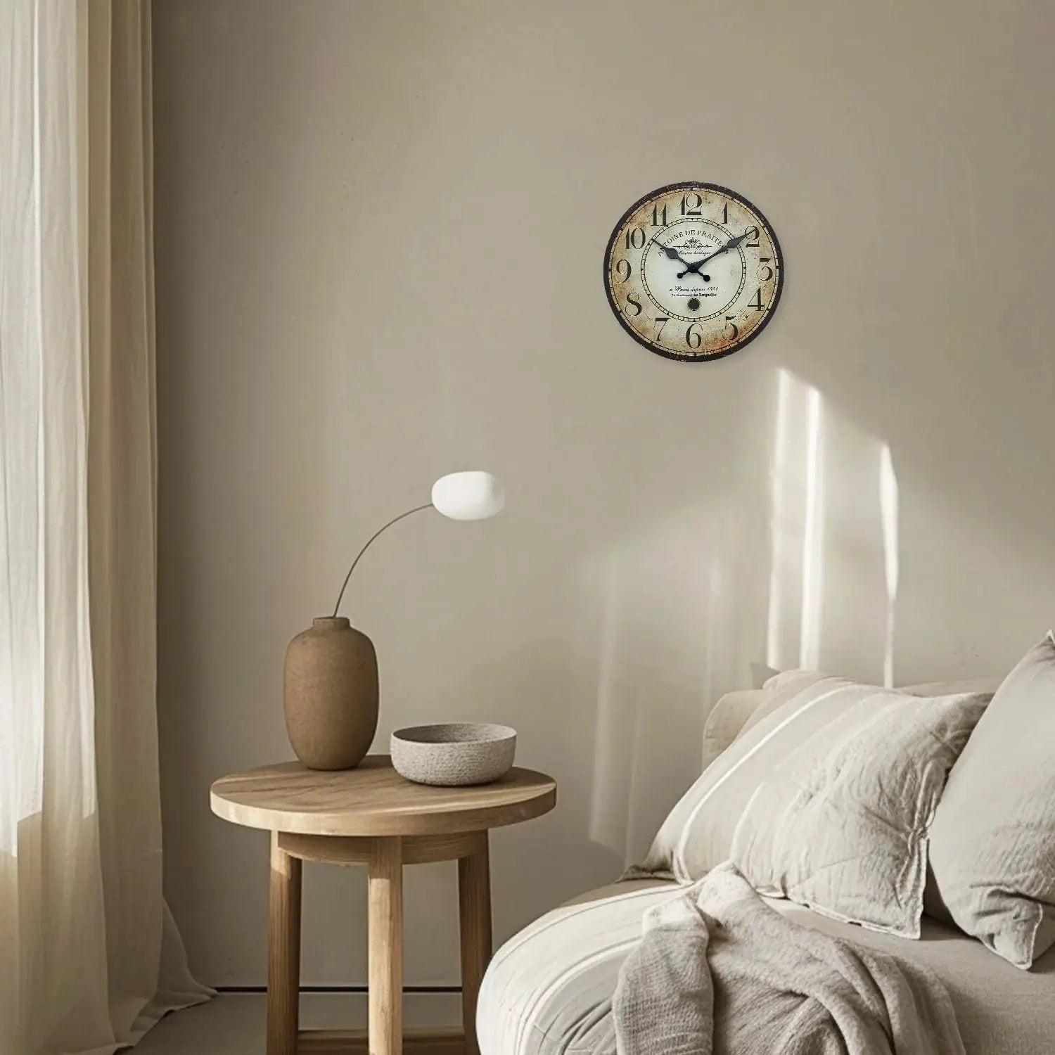 Retro wooden wall clock by Simples Market with a distressed parchment dial, 12-inch size