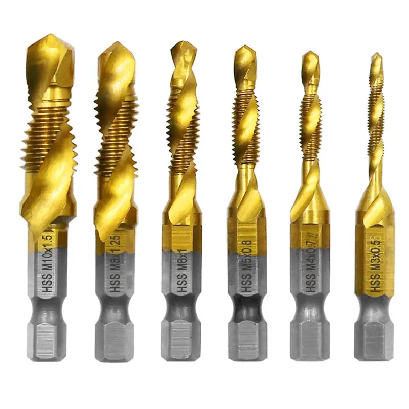 Six Piece HSS Titanium Plated Drill and Tap Set M3 to M10 Hex Shank Integrated Tap Tool with Hole Chamfer