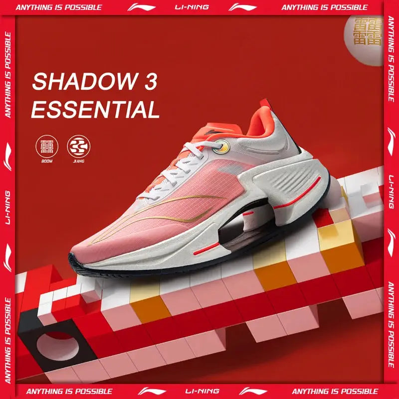 Li-Ning Shadow 3 Essential men's running shoes with pink upper, white midsole, and red accents.