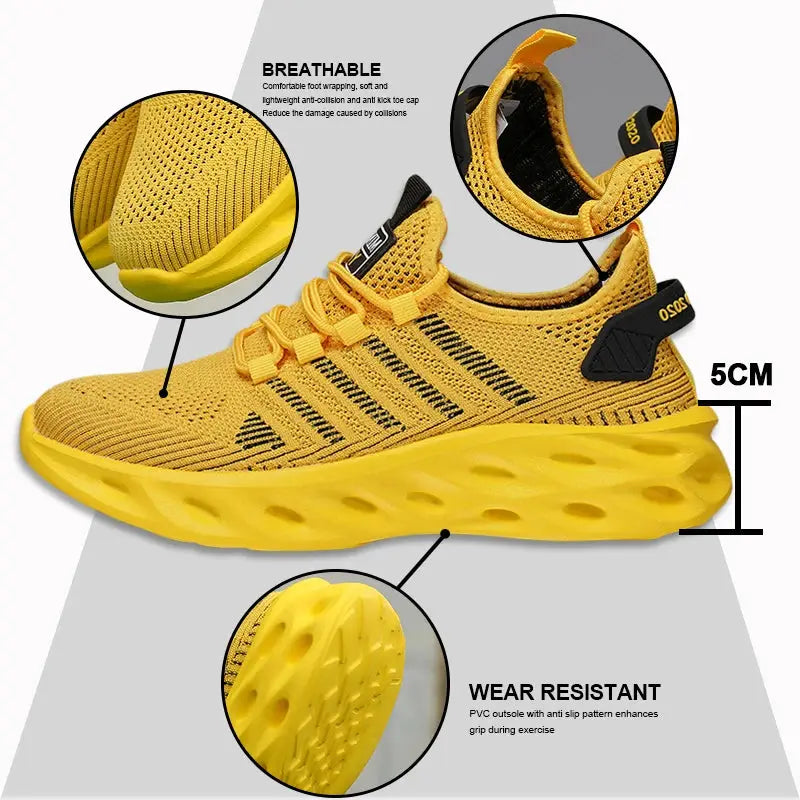 Yellow breathable mesh running sneakers, unisex, size 37–47