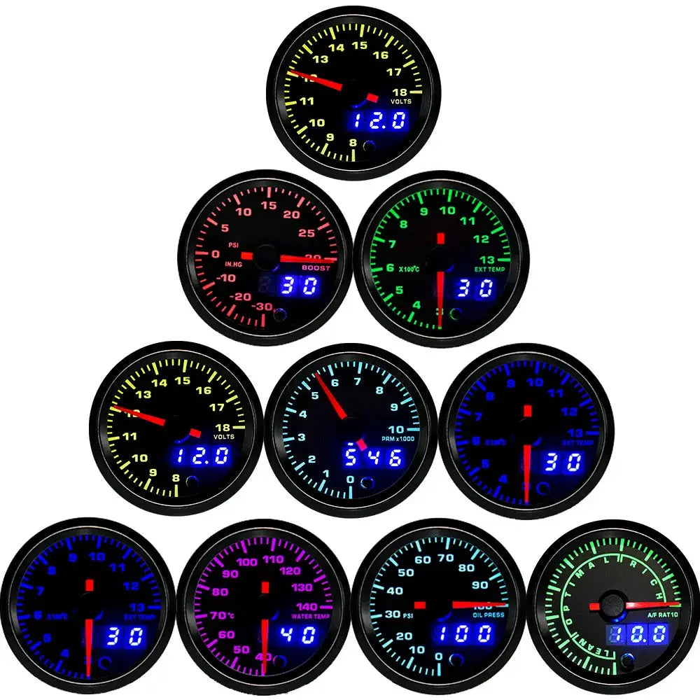 Simples Market 2-inch 52mm LED dual-display gauge set, 10-pack with multicolor backlit faces