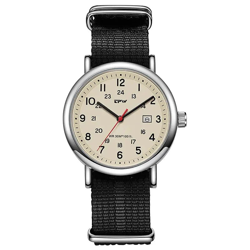 TPW field watch with beige dial, black fabric strap, 24-hour display and date window