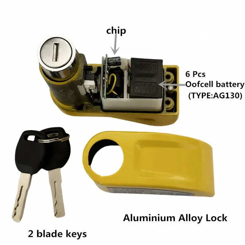 Falante alarm disc lock, yellow aluminium alloy with two keys for motorcycle and bicycle security