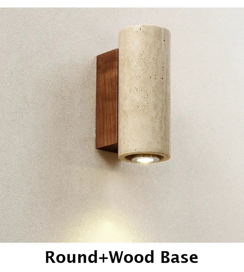 Wall lamp by Simples Market: round yellow travertine marble cylinder on a wood base with integrated LED