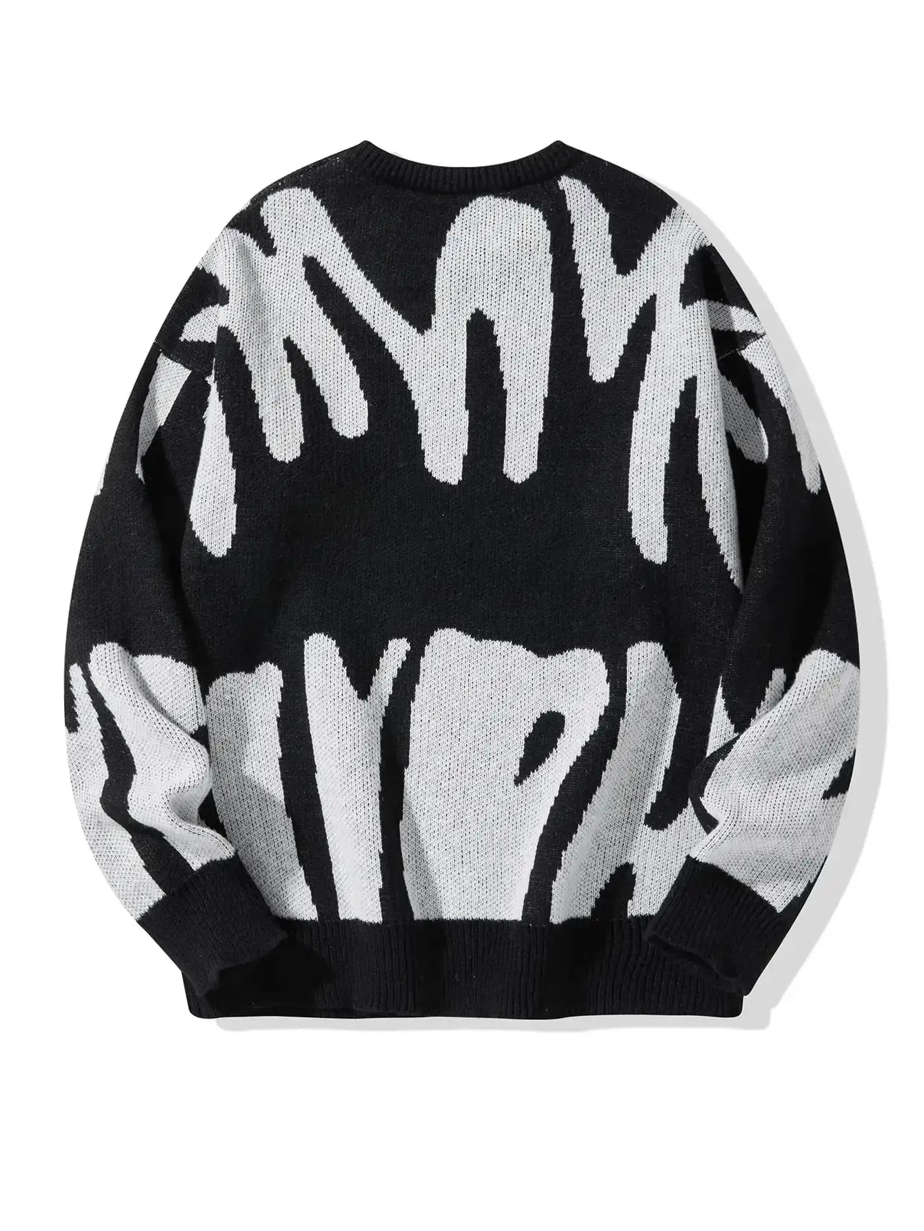 Men's knitted pullover sweater in black and white with irregular jacquard pattern and round neck