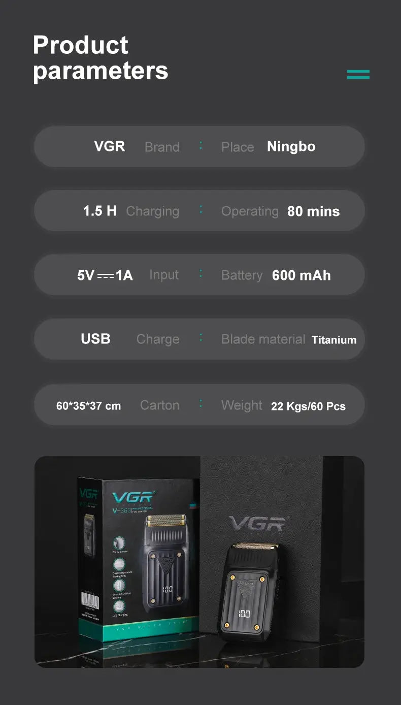VGR 363 electric shaver with black body and gold-accented head, shown with its packaging box (2 items).