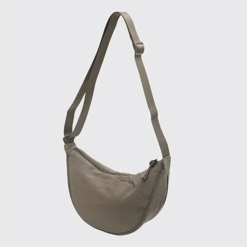 Women's crossbody bag, beige nylon, adjustable strap, compact padded design