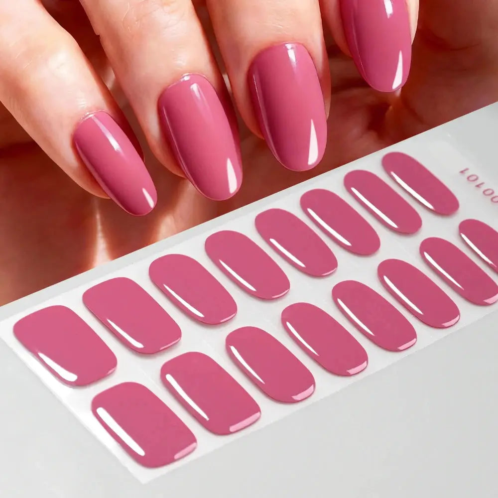 Nail sticker sheet with 16 pink glossy full-cover decals for UV gel nail art