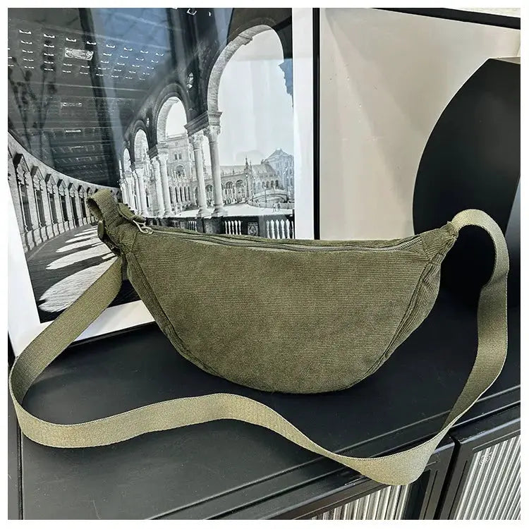 Corduroy women's hobo shoulder bag in olive green with long crossbody strap by Simples Market