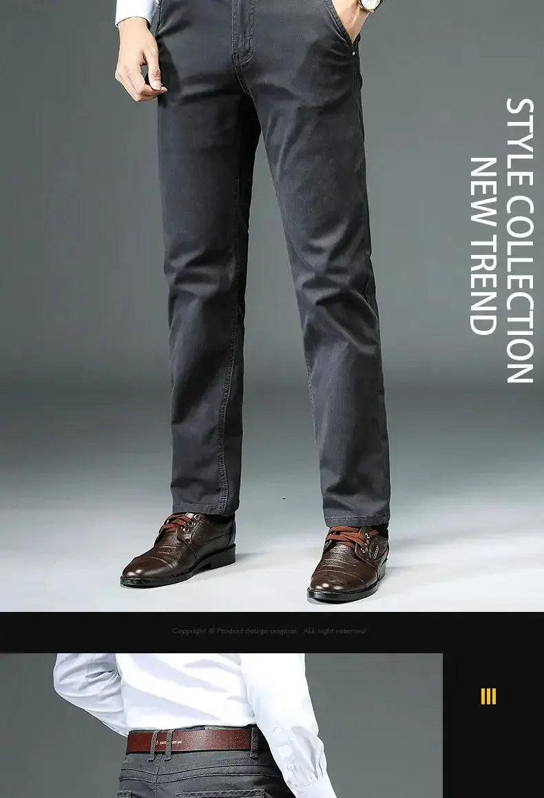 Men's straight-leg pants, 97% cotton, dark gray, business casual work trousers.