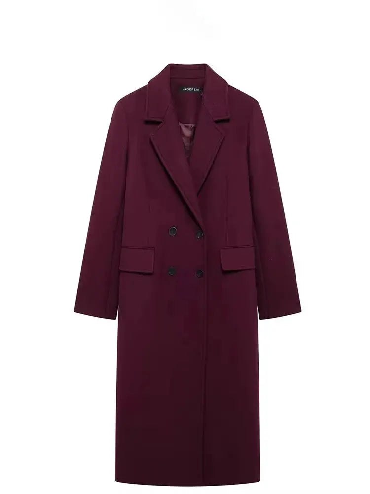 HH Women Burgundy Coat Double Breasted Long Sleeve Lapel Blended Outerwear for Autumn and Winter