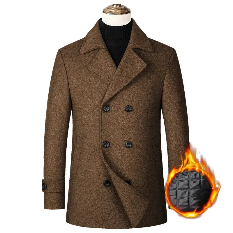 Men's brown double-breasted wool coat on mannequin, warm winter business jacket