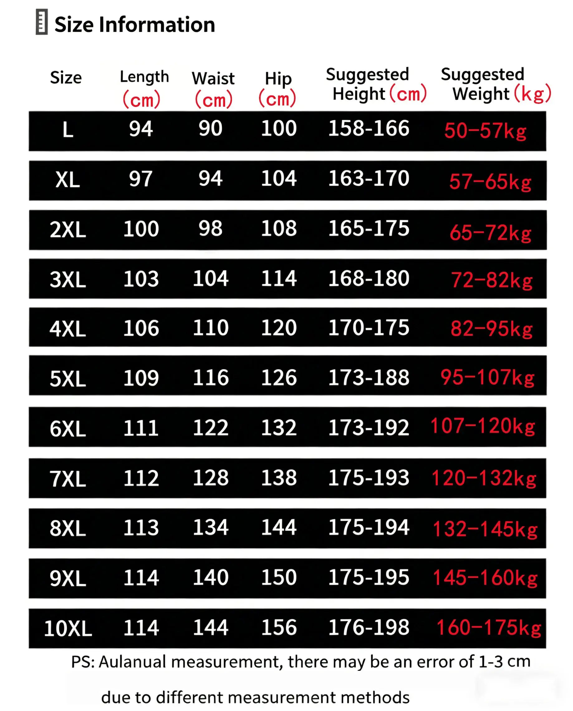 Casual men's pants size chart with length, waist, hip, height and weight ranges from L to 10XL.